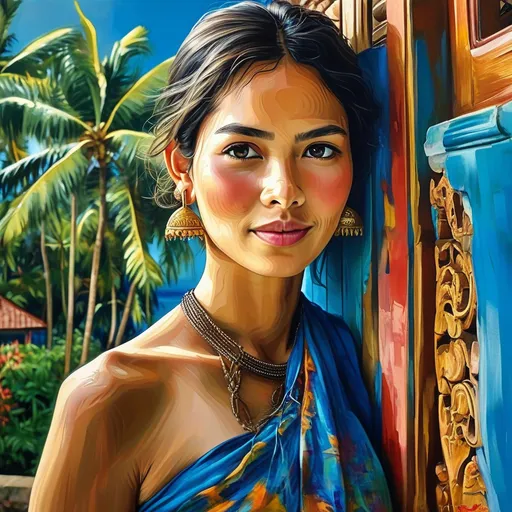 Prompt: Acrylic painting in modern style: very beautiful Indian woman near the villa on Bali, a lot of palms around and blue ocean. She is in light traditional sari, with bracelets and earrings, smiling.