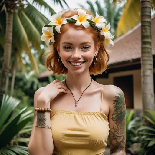 Prompt: Girl near the villa on Bali, a lot of palms around. She is in light yellow dress, with tattoos and bracelets, smiling. She has a ginger hair, very attractive and fresh makeup. She wear one white flower in hair on left side and hold coconut in her hands. It should be painting in modern style