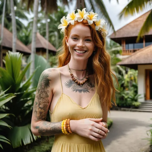 Prompt: Girl near the villa on Bali, a lot of palms around. She is in light yellow dress, with tattoos and bracelets, smiling. She has a ginger hair, very attractive and fresh makeup. She wear one white flower in hair on left side and hold cocos in her hands