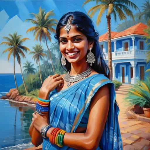 Prompt: Acrylic painting in modern style: very beautiful Indian woman near the villa on Goa, a lot of palms around and blue ocean. She is in light traditional blue sari, she wear a lot of bracelets and earrings, smiling.