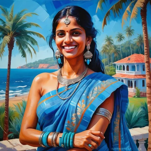 Prompt: Acrylic painting in modern style: very beautiful Indian woman near the villa on Goa, a lot of palms around and blue ocean. She is in light traditional blue sari, she wear a lot of bracelets and earrings, smiling.