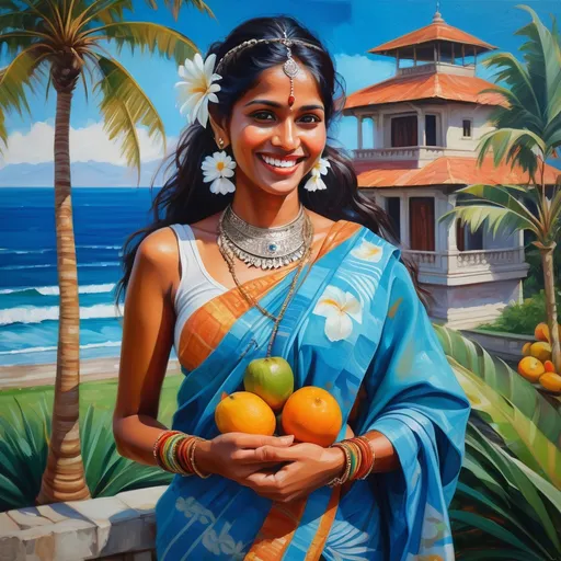 Prompt: Acrylic painting in modern style: very beautiful Indian woman  near villa on Bali, a lot of palms around and blue ocean. She is in light traditional sari, with bracelets and earrings, smiling. She has a идфсл hair, very attractive and fresh makeup. She wear one white flower in hair on left side and holding an exotic fruit in his hands.