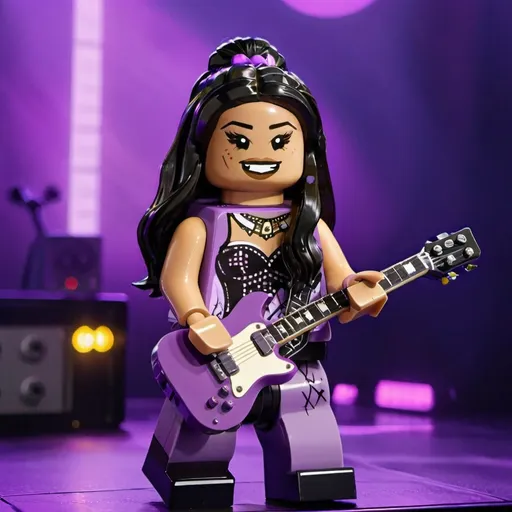Prompt: Olivia Rodrigo is on stage, singing passionately while playing a purple guitar. The scene is filled with a strong rock star vibe, blending edgy and feminine aesthetics. Stage lights cast a dramatic glow, highlighting her confident expression and dynamic performance. Her outfit combines rock-inspired elements with a touch of elegance, complementing the energy of the show.