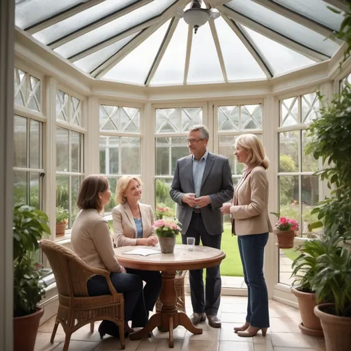 Prompt: Realistic photograph. A middle aged married couple, inside a well lit conservatory in a house, and they are talking with a lady realtor.
