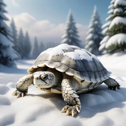 Prompt: Realistic 3D rendering of a Hungarian snow turtle, snowy landscape, detailed scales and shell, high quality, detailed textures, lifelike appearance, frosty atmosphere, cool tones, soft natural lighting