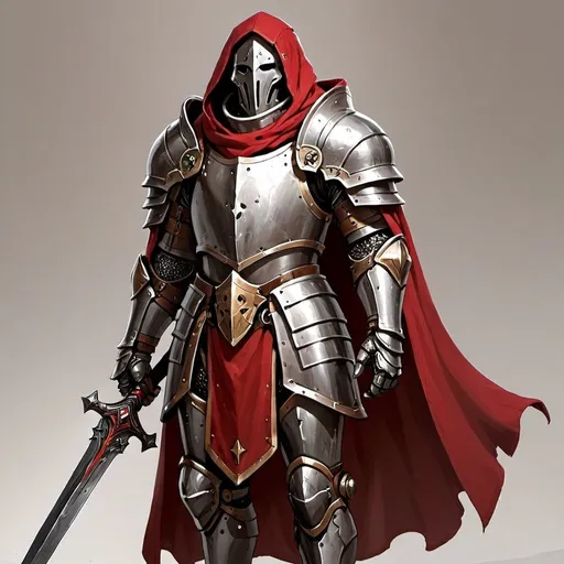 Prompt: Can you create me a fullbody warforged cleric, in medium armor of leather but with is face uncovered and mouth in a metallic wise smile, with shield and sword, a red cape with hood, and a peaceful aura

