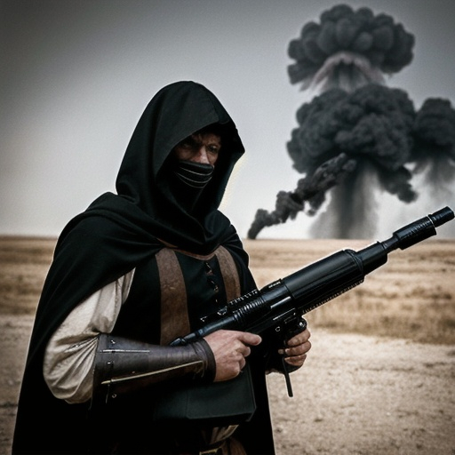Prompt: man, with a dark hood on his head, in medieval clothing, holding a grenade launcher, in an apocalyptic location, bombs falling in the background
