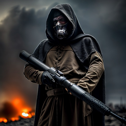 Prompt: man, with a dark hood on his head, in medieval clothing, holding a grenade launcher, in an apocalyptic location, bombs falling in the background