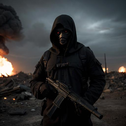 Prompt: man, with a dark hood on his head, holding a grenade launcher, in an apocalyptic location, bombs falling in the background