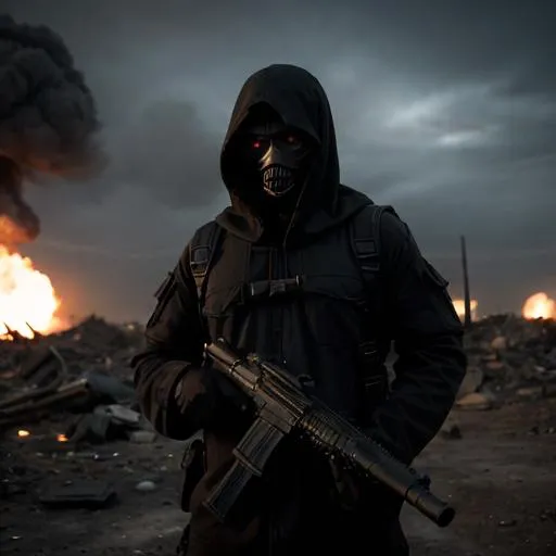 Prompt: man, with a dark hood on his head, holding a grenade launcher, in an apocalyptic location, bombs falling in the background