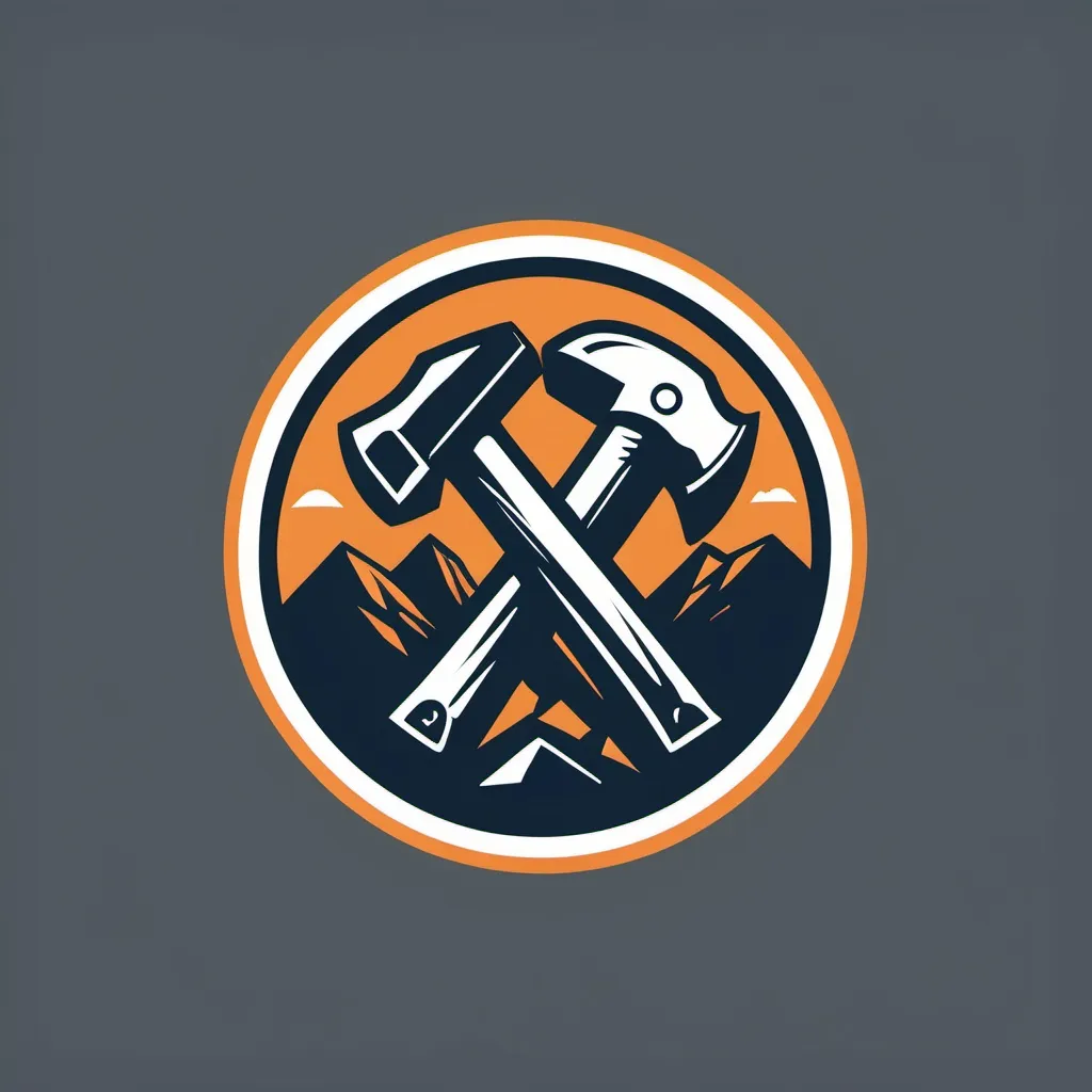 Prompt: A SIMPLE, TWO COLOR, LOGO OF A BOULDER AND HAMMERS FOR A CONSTRUCTION COMPANY