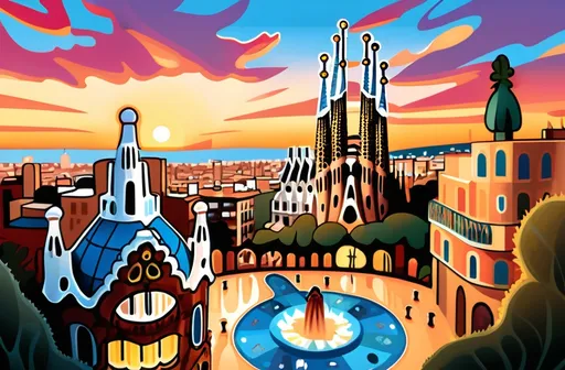 Prompt: A sunset view of barcelona - illustration showing the Sagrada Família church, Casa Batlló, the magic fountain, Recinte Modernista de Sant Pau, Park Güell, Barcelona Cathedral 