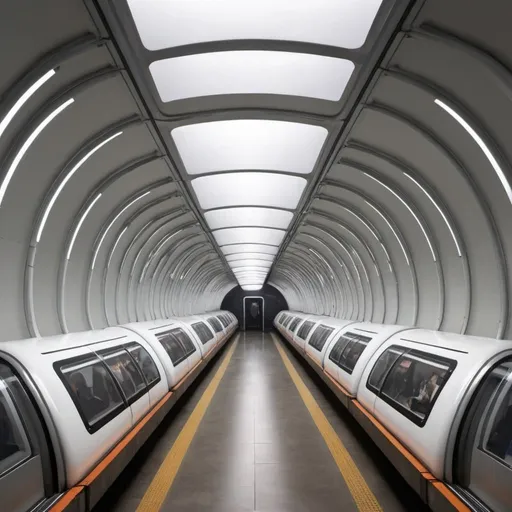 Prompt: metro souterrains futuristes qui levitent dans des gigantesques tubes 