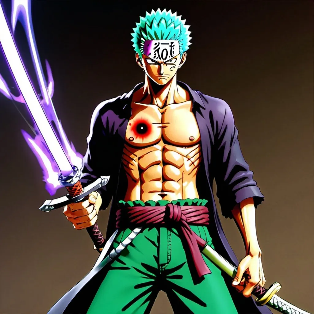 Prompt: Roronoa Zoro(one piece) with his original  6 packs with black trousers , with perfected ultra instinct light blue  aura with purple red eye trail. with his swords in their handles next to his trousers