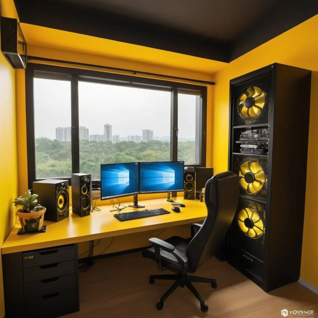 Prompt: 7 meter square small room, with 3 meter desk in the corner that is made of yellow browny wood, with yellow line light coming from the top, there is white framed gaming pc with cool stuff, then black chair next to cool window with cool view