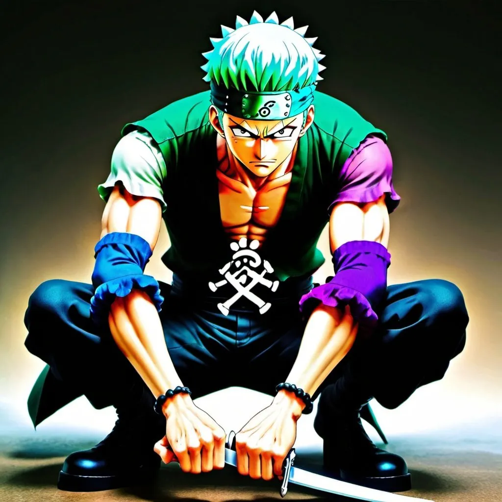 Prompt: Roronoa Zoro(one piece) crouching stance with his original  6 packs with black trousers , with perfected ultra instinct light blue  aura with purple red eye trail. with his swords in their handles next to his trousers.