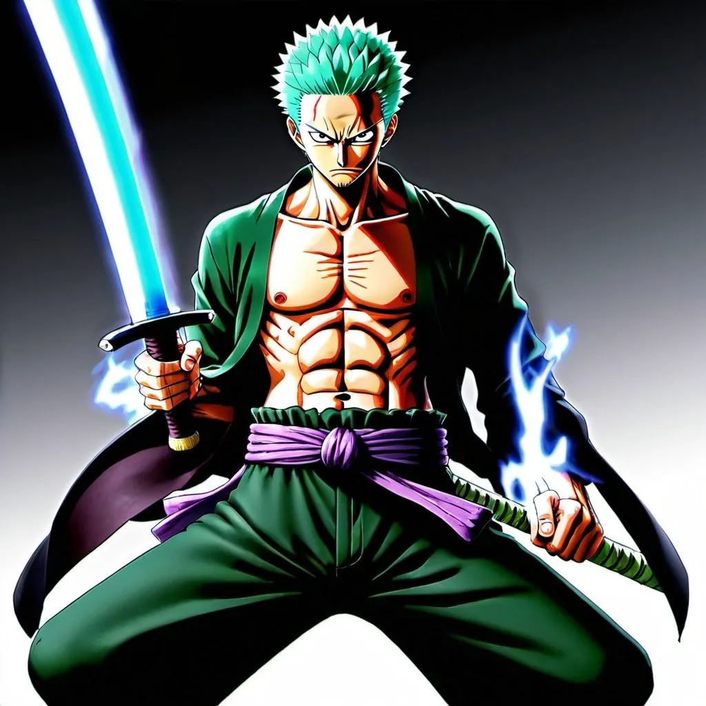 Prompt: Roronoa Zoro(one piece) most popular stance with his original  6 packs with black trousers , with perfected ultra instinct light blue  aura with purple red eye trail. with his swords in their handles next to his trousers.