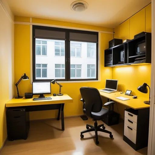 Prompt: 7 meter square small room, with 3 meter desk in the corner that is made of yellow browny wood, with yellow line light coming from the top, there is white framed all in one  pc with cool stuff, then black chair next a window that has night. the desk it at the left side of the window. there is only 1 chair and desk  and it is night time 