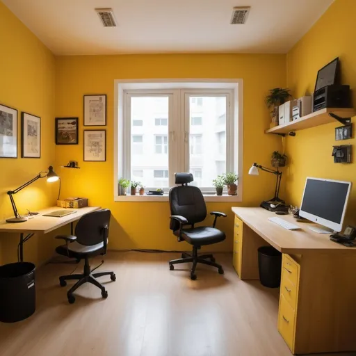 Prompt: 7 meter square small room, with 3 meter desk in the corner that is made of yellow browny wood, with yellow line light coming from the top, there is white framed all in one  pc with cool stuff, then black chair next a window that has night. the desk it at the left side of the window