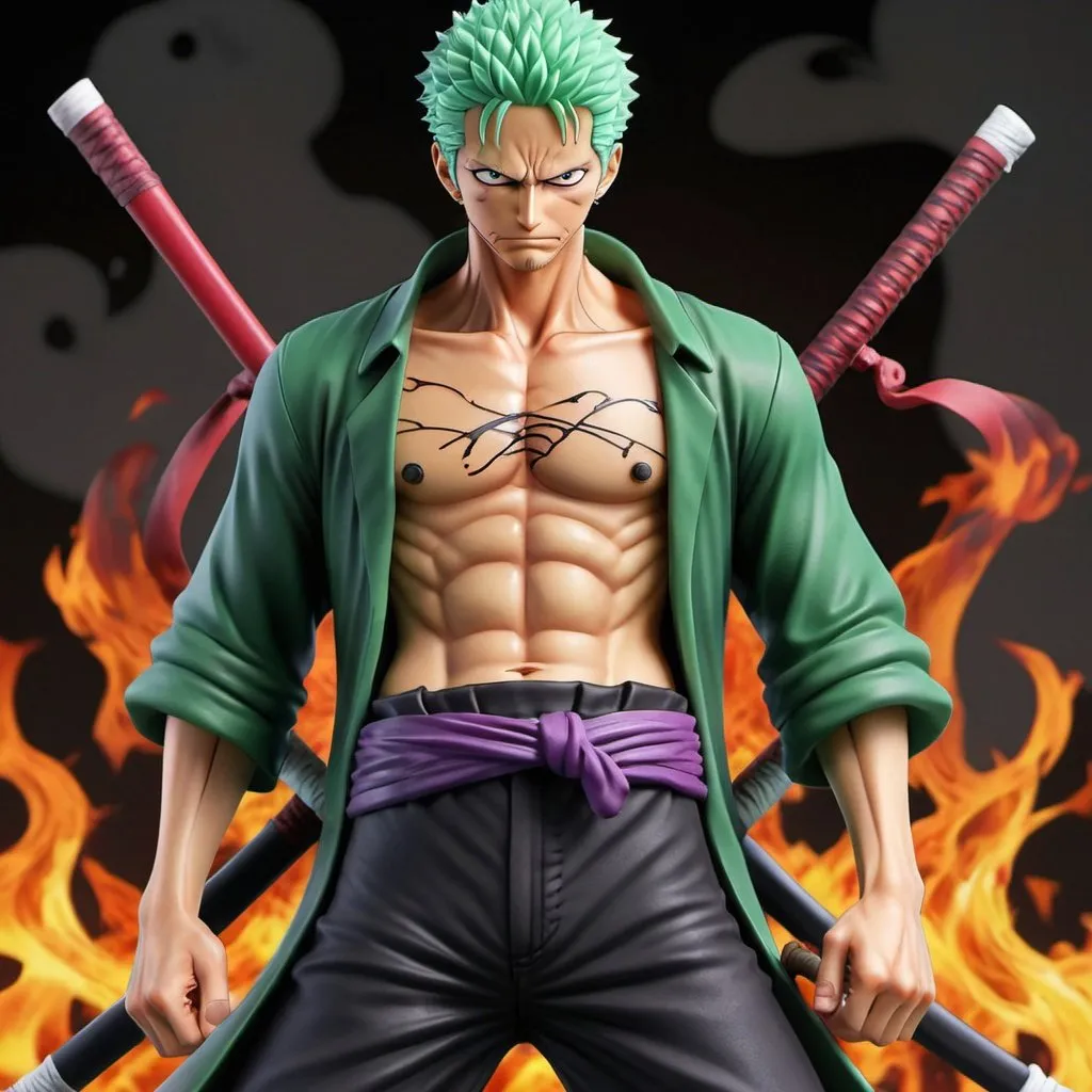 Prompt: Roronoa Zoro(one piece) with his original  6 packs with black trousers , with perfected ultra instinct aura with purple red eye trail