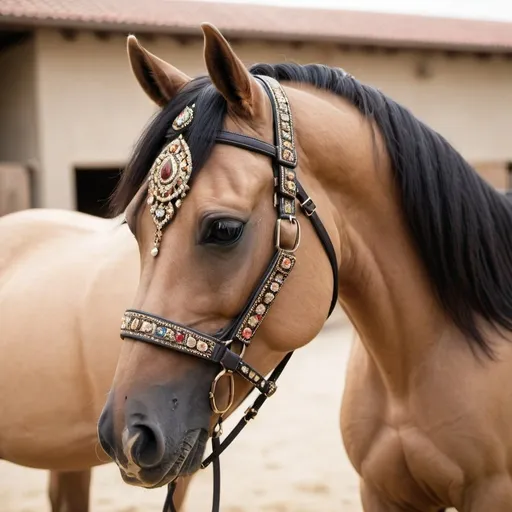 Prompt:  a beige arabian horse who's dark mane flows down to her belly and covers half her face wearing a leather halter with jewels