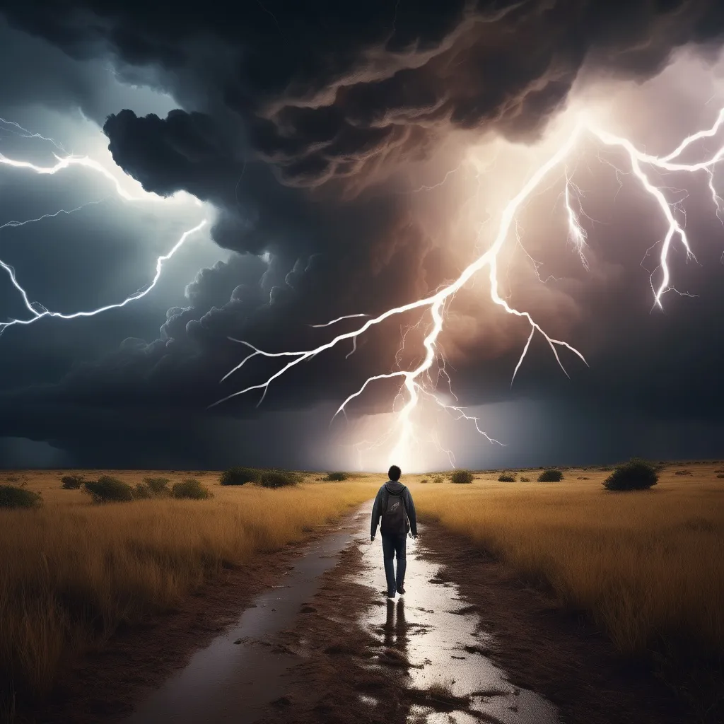 Prompt: A stormy sky with a person walking confidently through lightning bolts, leaving trails of fire behind ; make it look more realistic