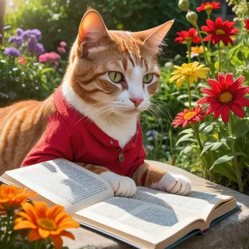 Prompt: (cat wearing a red shirt, reading a book in a garden filled with flowers), vibrant colors, enchanting atmosphere, lush greenery, various colorful flowers in full bloom, sunny day casting warm light, whimsical and cozy setting, detailed expressions on the cat's face, high resolution, ultra-detailed, (charming scene)