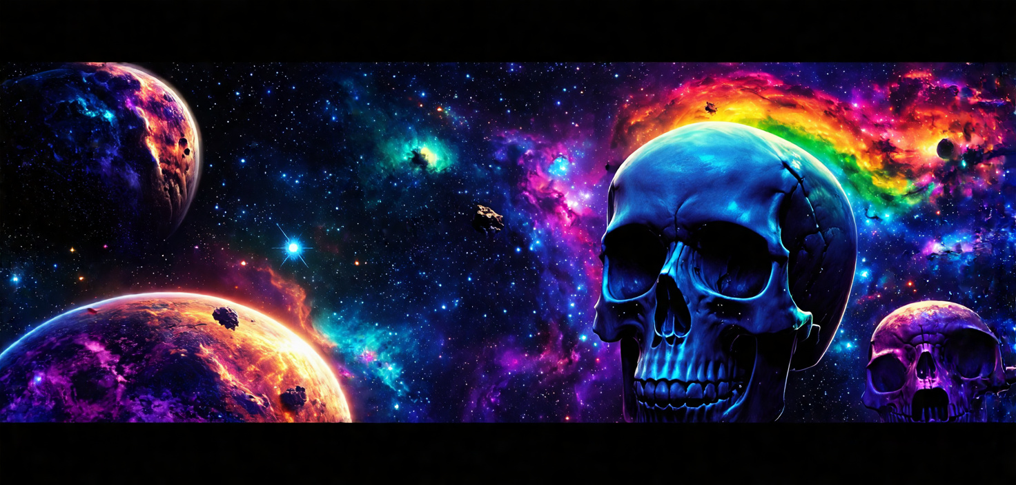 Prompt: dark multiple skulls space planets stars 4k nebula colorfull rainbow asteroid

