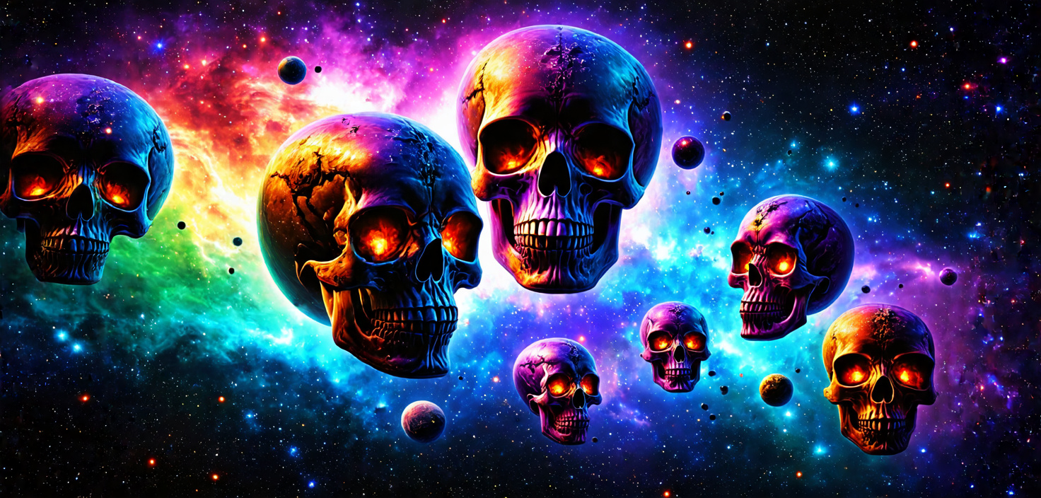 Prompt: dark multiple skulls space planets stars 4k nebula colorfull rainbow asteroid hd scary

