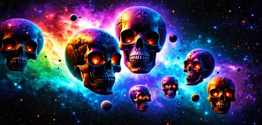 Prompt: dark multiple skulls space planets stars 4k nebula colorfull rainbow asteroid hd scary

