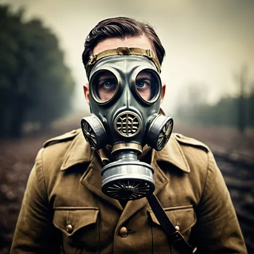 Prompt: Vintage, moody, World War II, gas mask