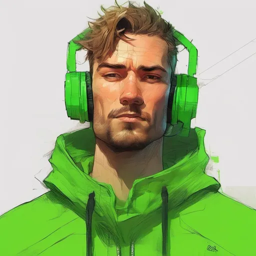 Prompt: Artwork of a Handsome man in side face, wearing bright green headset, in cozy hoody outfit, plain background and character in center of focus, character in the style of craig mullins and mappa studios, anime, hd rendered, Pixar style, perfect 