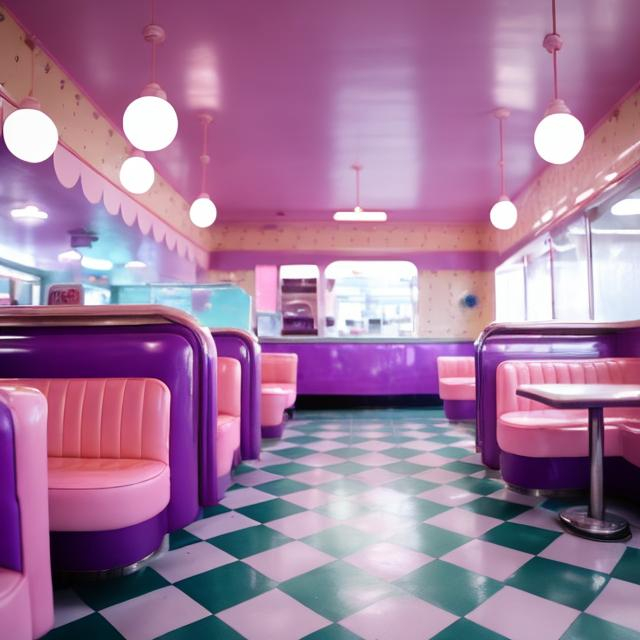 Prompt: retro diner interior in pastel pink, purple, and blue