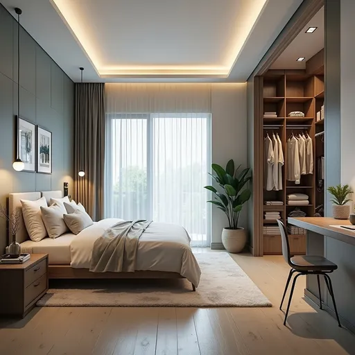 Prompt: 2 bedroom with one master, a hall and open kitchen plus a study. Each room should have open closet and a washroom