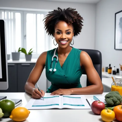 Prompt: Crie de a imagem de uma nutricionista, belissima, negra, em ambiente de consultorio