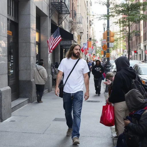 Prompt: Jesus if he came  to new York city in 2025 and was wearing blue jeans and a white tee shirt and talking to homeless people