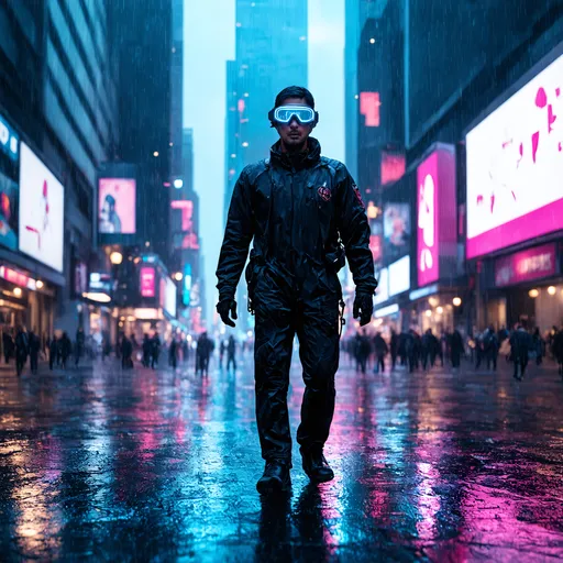 Prompt: futuristic street scene, (cyberpunk style), neon lights glimmering in various vibrant shades of blue and pink, densely packed skyscrapers looming overhead, rain-slicked pavement reflecting lights, a lone figure dressed in high-tech clothing, goggles and glowing accessories, atmospheric haze creating a moody ambiance, bustling cybernetic displays and advertisements in the background, (ultra-detailed), (4K) quality.