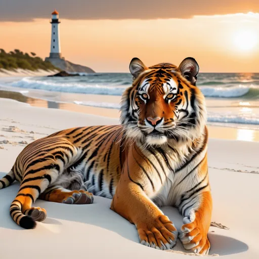 Prompt: a majestic tiger with orange and black fur resting on a white sand beach. The sea is rough, with large waves breaking on the shore. Near the beach, there is a sailboat with its sails spread, sailing in the strong wind. In the distance, you can see an imposing lighthouse partially illuminated by the sun setting on the horizon