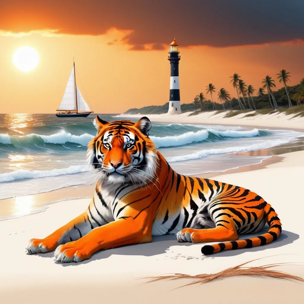 Prompt: a majestic tiger with orange and black fur resting on a white sand beach. The sea is rough, with large waves breaking on the shore. Near the beach, there is a sailboat with its sails spread, sailing in the strong wind. In the distance, you can see an imposing lighthouse partially illuminated by the sun setting on the horizon