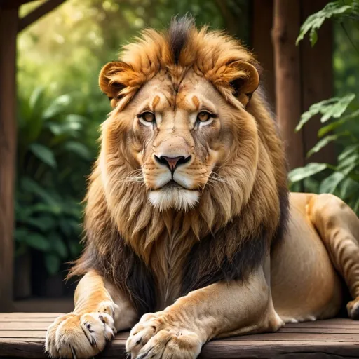 Prompt: A lion is sitting a table