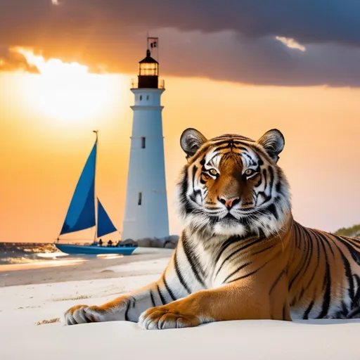 Prompt: The image shows a majestic tiger with orange and black fur resting on a white sand beach. The sea is rough, with large waves breaking on the shore. Near the beach, there is a sailboat with its sails spread, sailing in the strong wind. In the distance, you can see an imposing lighthouse partially illuminated by the sun setting on the horizon.