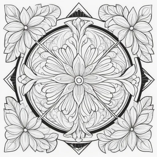 Prompt: black and white full page pattern coloring page for Adults, random, full page with no boarder, non-symmetrical, complicated, foliage, realistic pattern, interlocking, shapes with bold black lines, coloring, relaxation, simple line art, printable outlined art, thin lines, crisp lines, create a frame in the center with a quote "I can do all things through Christ who strengthens me - Philippians 4:13"