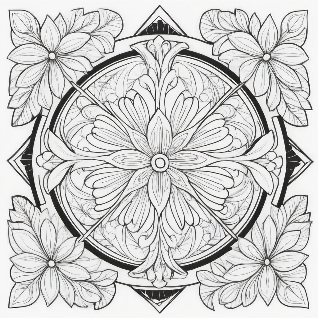 Prompt: black and white full page pattern coloring page for Adults, random, full page with no boarder, non-symmetrical, complicated, foliage, realistic pattern, interlocking, shapes with bold black lines, coloring, relaxation, simple line art, printable outlined art, thin lines, crisp lines, create a frame in the center with a quote "I can do all things through Christ who strengthens me - Philippians 4:13"