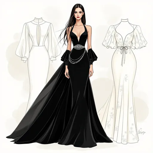 Prompt: A striking fashion illustration showcases a collection of elegant dresses, each highlighting unique design elements. The central figure dons a dramatic black gown with a fitted bodice and flared sleeves, accentuated by white outline details and a delicate chain of embellishments cascading from a cinched waist. Flanking this primary design are two additional dresses: the white one features structured, flowing sleeves and a minimalist silhouette, while the lightly textured cream-colored dress offers a softer aesthetic with subtle embroidery and cascading details, tied modestly at the waist. The background elements exhibit a modern and neutral palette, enhancing the sophisticated vibe of this chic ensemble. Together, these designs blend contemporary elegance with artistic flair, embodying a refined fashion narrative.