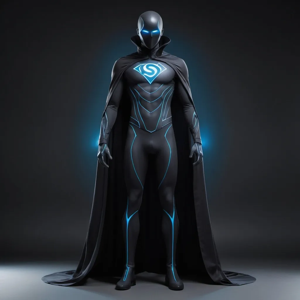 Prompt: A superhero named "Super Spectre", here are his details:

Appearance:

Body Suit: A sleek, black and dark grey body suit that blends into shadows, giving an almost ethereal appearance. The suit has faint, glowing lines in a ghostly blue, resembling circuit patterns, that pulse gently with energy.
Cape: A flowing, translucent cape that shimmers between dark grey and spectral blue, almost like it's made of mist. It trails behind, fading into a fog-like effect.
Mask: A minimalist mask that covers the upper half of the face, with glowing blue eyes that add an air of mystery. The mask has subtle contours, emphasizing a sharp, sleek look.
Emblem: A stylized "S" emblem on the chest, designed to resemble both a specter and a spectral wisp, glowing faintly with the same blue hue as the lines on the suit.
Accessories: Belt and arm guards with high-tech gadgets, sleek and minimalistic in design, all with the same spectral glow.