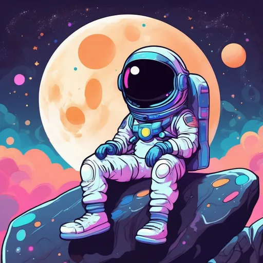Prompt: an astronaut sitting on the rock while watching the moon. cartoon version