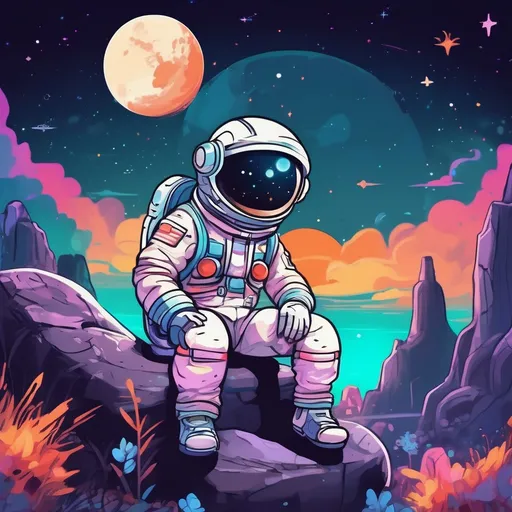 Prompt: an astronaut sitting on the rock while watching the moon. cartoon version