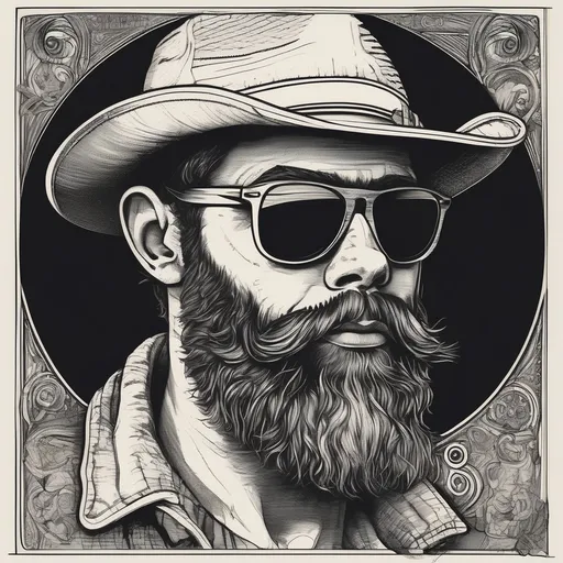 Prompt: Vintage clipart drawing of a man with a beard wearing dark sunglasses and a trucker hat, black and white, ink drawing