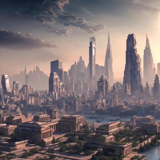 Prompt: A skyline of a Futuristic Science fiction city filled with towering buildings and marbled Ancient Roman vibes. We see greek statues here and there. Some spaceships float above the city. No planets. Photo-realistic style.