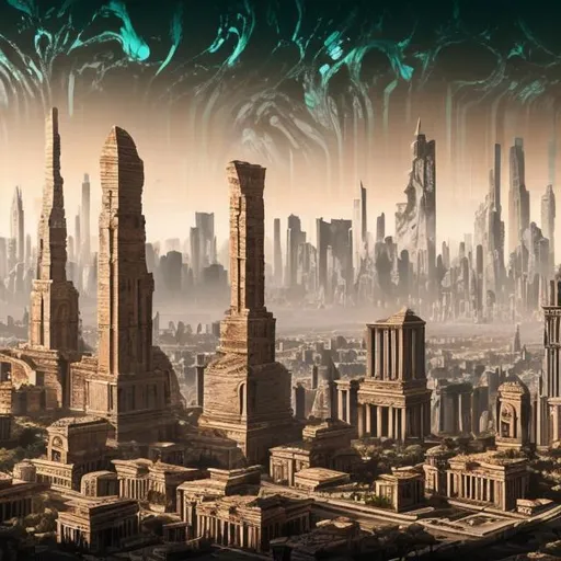 Prompt: A skyline of a Futuristic Science fiction city filled with towering buildings and marbled Ancient Roman vibes